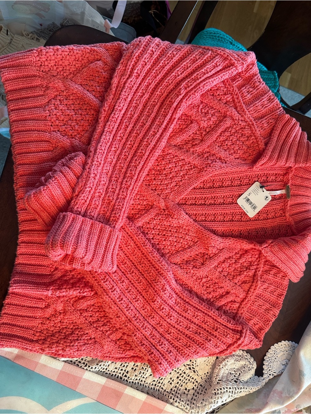 Free People Coral Cable-Knit V-Neck Sweater
